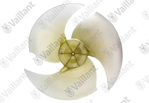 Axialventilator von Vaillant mit transparenten Kunststoffschaufeln und zentrales Befestigungselement. Geeignet für Luftzirkulation in Klimaanlagen.